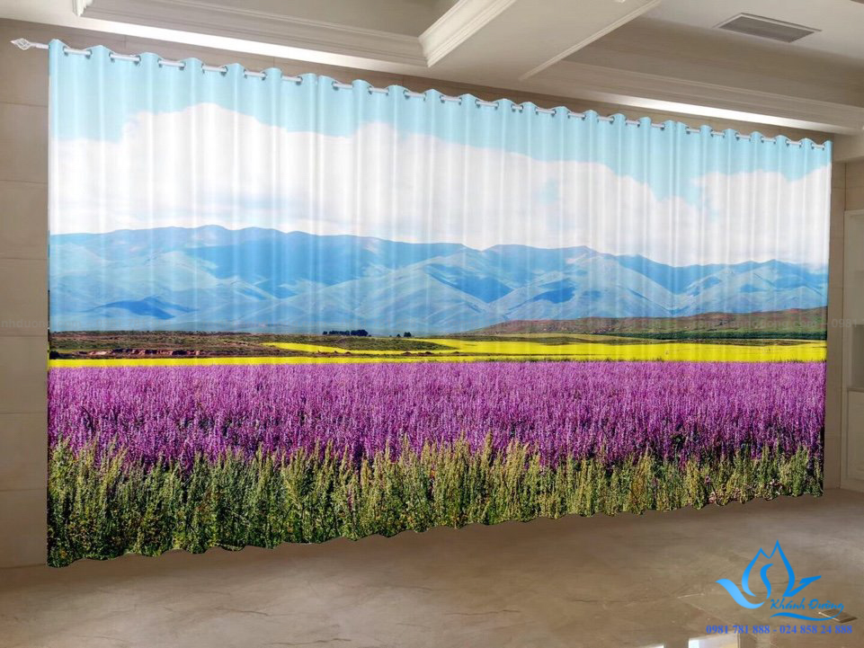 Rèm vải in tranh 3D Hà Nội có hình ảnh cánh đồng hoa cho bé gái