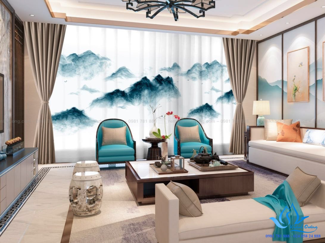 Giới thiệu mẫu rèm cửa vải in tranh 3D tại Thái Hà, Hà Nội RT22