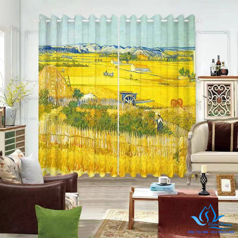 Hình ảnh đồng lúa yên bình trên rèm in tranh RT30