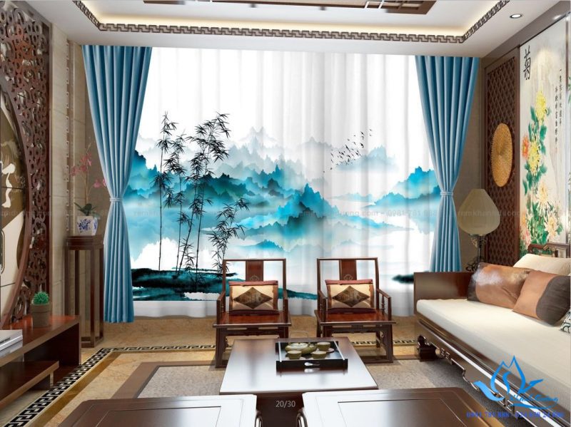 Rèm cửa vải đẹp in tranh sang trọng cho phòng khách tại Cầu Giấy RT19