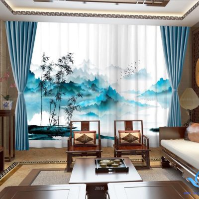 Rèm cửa vải đẹp in tranh sang trọng cho phòng khách tại Cầu Giấy RT19