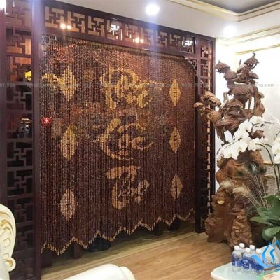 Rèm hạt gỗ phòng thờ gỗ hương đỏ phong thủy Phúc - Lộc - Thọ