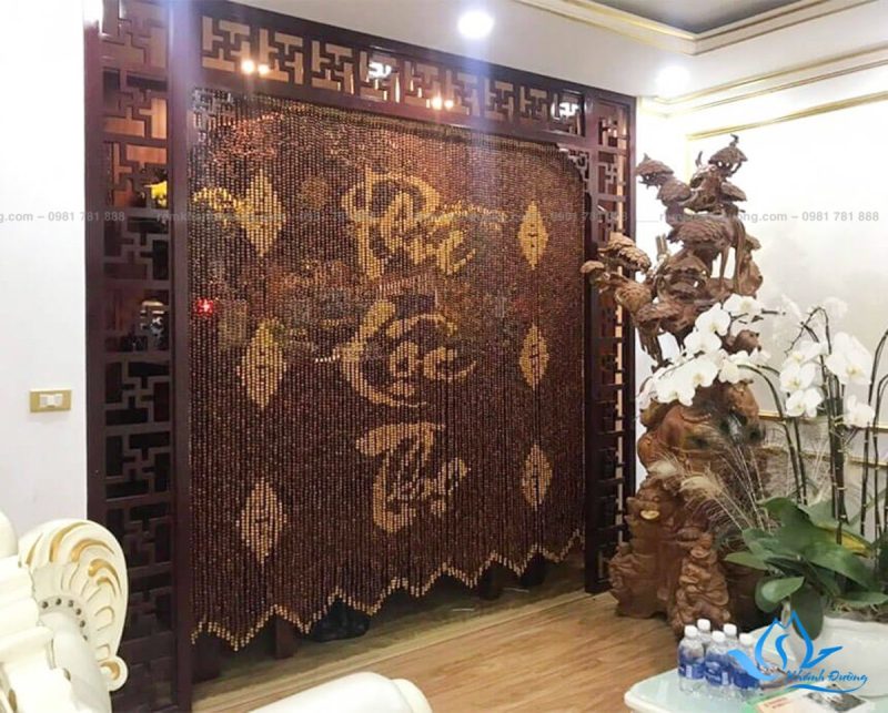 Rèm hạt gỗ phòng thờ gỗ hương đỏ phong thủy Phúc - Lộc - Thọ