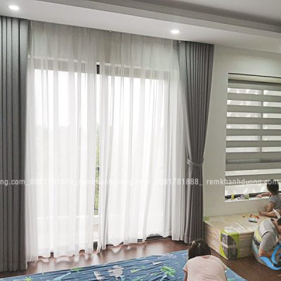 Rèm vải 2 lớp phòng ngủ màu ghi đẹp tại Hoài Đức Hà Nội