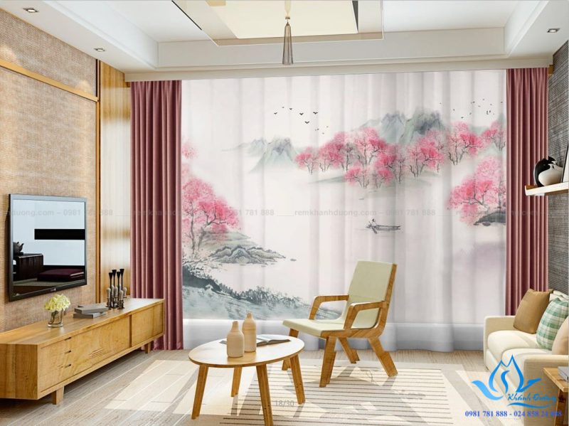 Rèm vải in tranh 3D họa tiết sơn thủy thu hút Bạch Mai, Hà Nội RT 11