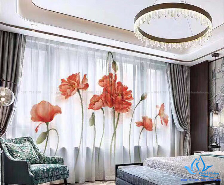 Rèm vải in hình cánh hoa màu cam nở rộ mang may mắn và tài lộc cho cả gia đình