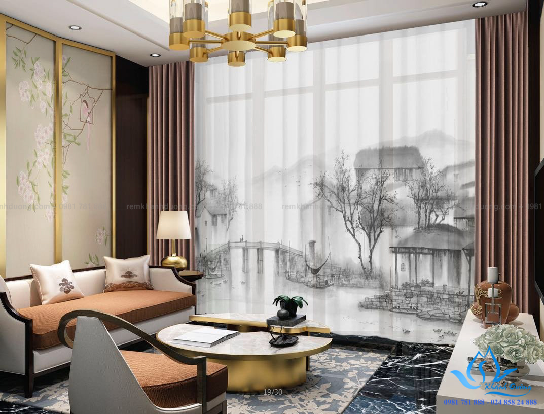Mẫu rèm vải in tranh 3D họa tiết phù hợp cho phòng khách truyền thống