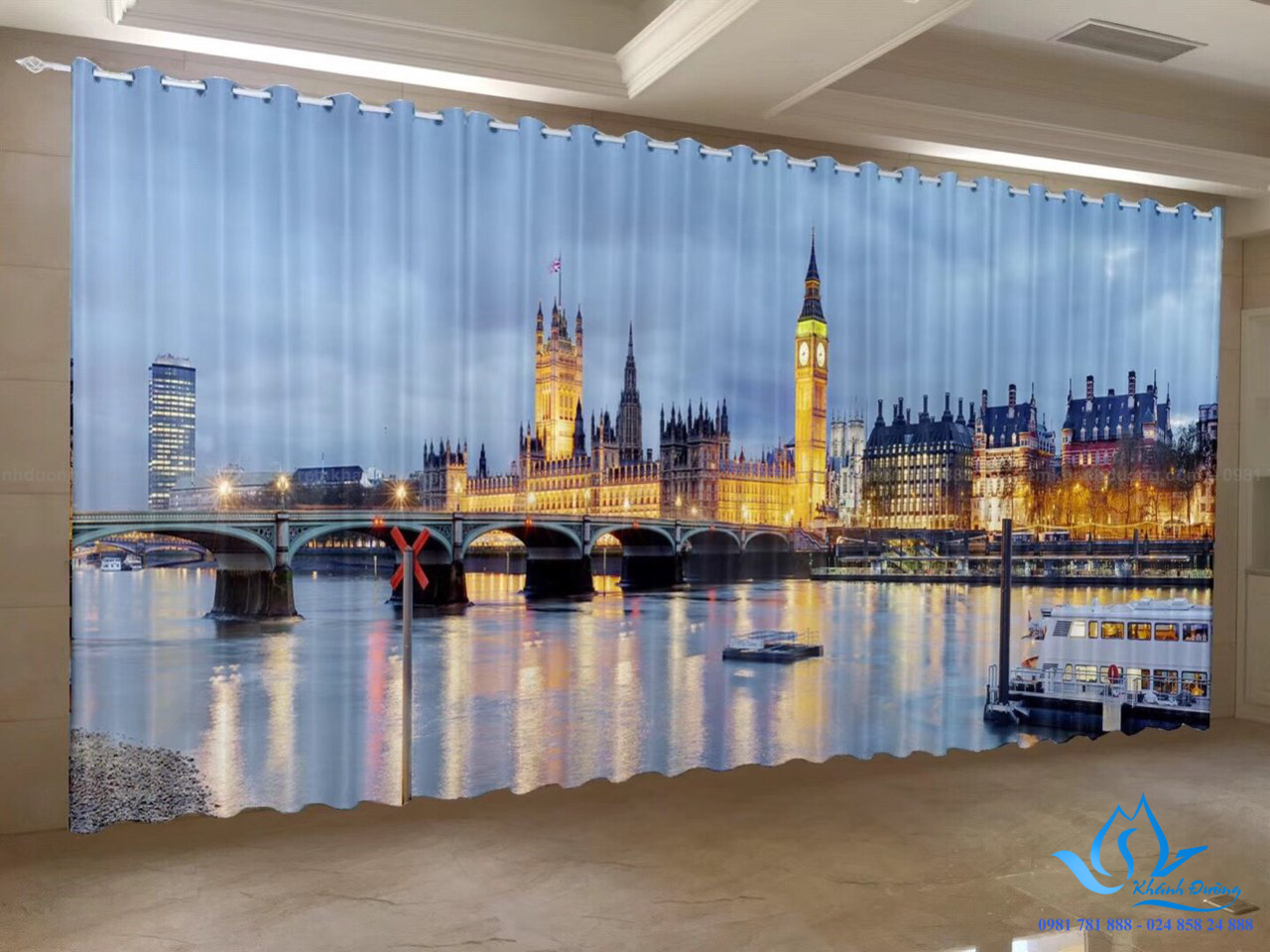 Rèm vải in tranh hình tháp đồng hồ Big Ben đẹp lung linh