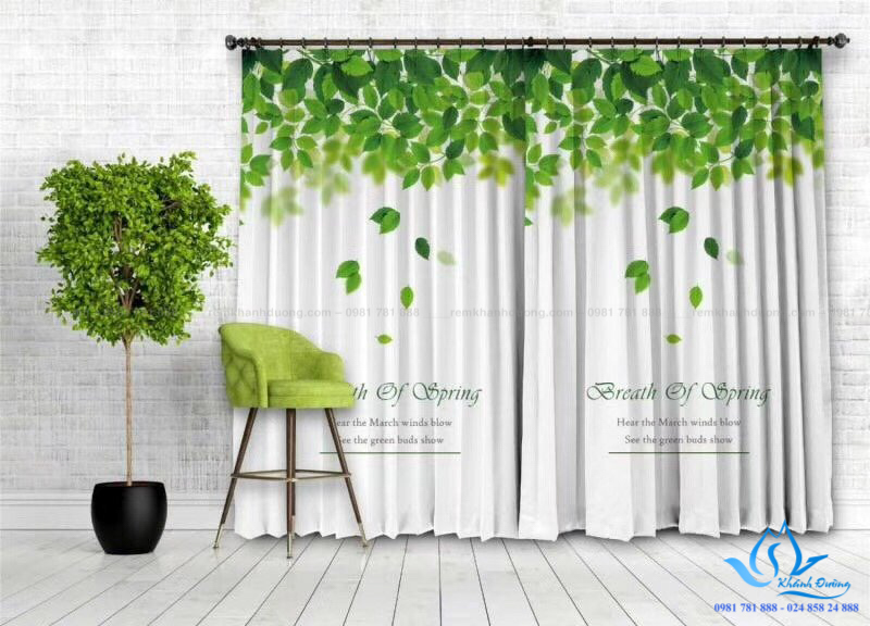 Rèm vải in tranh họa tiết cây lá xanh tươi tại Phố Huế