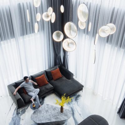 Thi công rèm cửa thông tầng vải Bỉ ACACIA cho căn Penthouses Vinhome Starlake