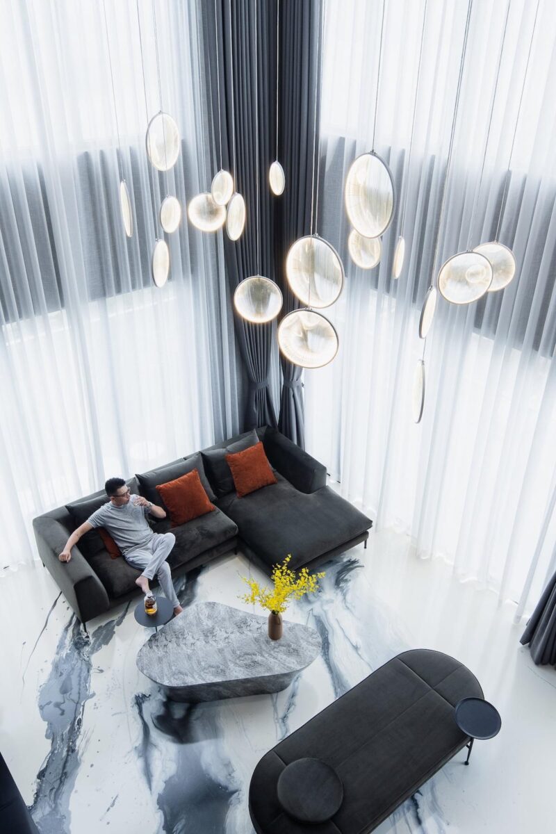 Thi công rèm cửa thông tầng vải Bỉ ACACIA cho căn Penthouses Vinhome Starlake